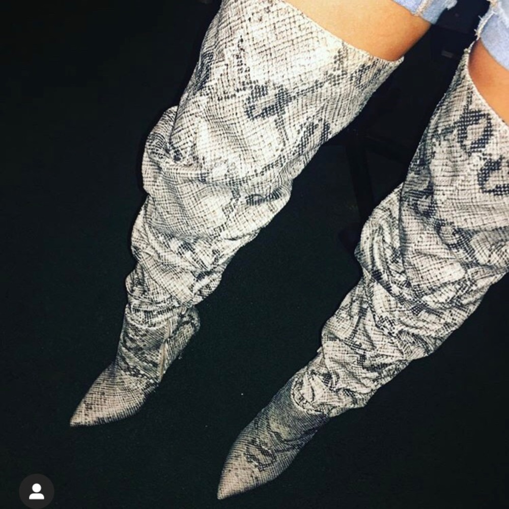 Snake print thigh high scrunched boots